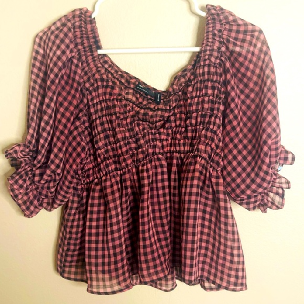 ASOS‎ Pink & Black Gingham Check V Neck Puff Sleeve Cropped Top
